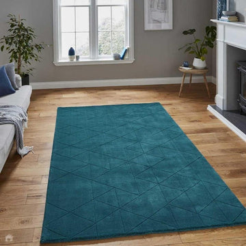 Kasbah KB2025 Modern Plain Geometric Hand-Carved Block Lines Wool Dark Teal Rug 120x170cm-Shop Returns-Rug Love - The Most Loved Rug Store